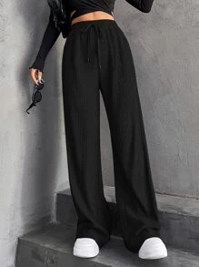 SHEIN Privé Solid Rib-knit Flare Leg Trousers