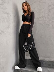 SHEIN Privé Solid Rib-knit Flare Leg Trousers