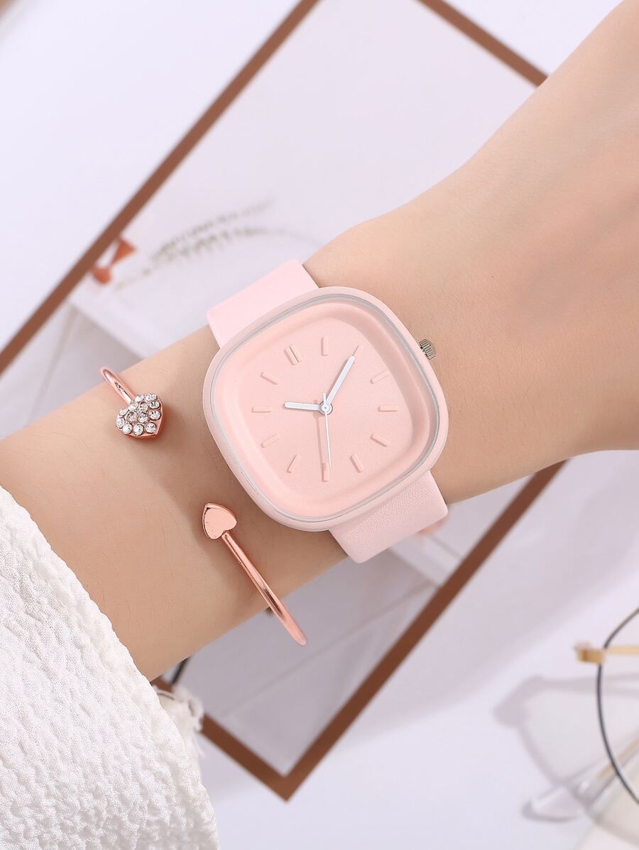 1入組極簡風格方形指針石英手錶和1入組手環 - 粉色 - 查看 1