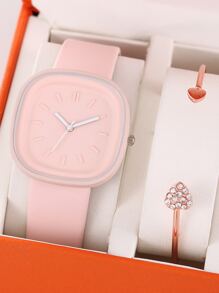1入組極簡風格方形指針石英手錶和1入組手環 - 粉色 - 查看 2