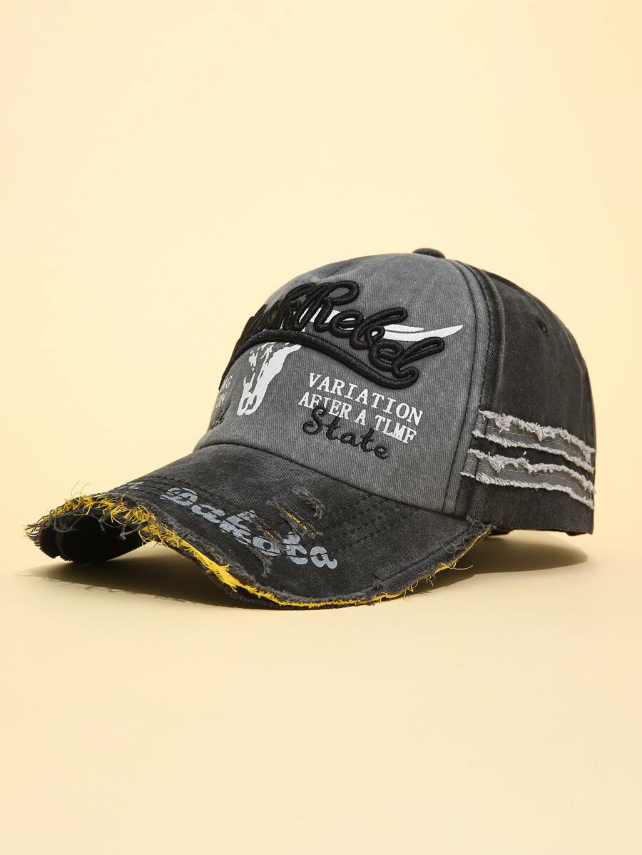 Men Letter Embroidered Ripped Baseball Cap - Dark Grey - View 1