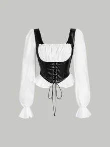 SHEIN MOD 2 trong1 Coa dây Retro Tay áo dài Áo sơ mi - Đen và trắng - Xem 1