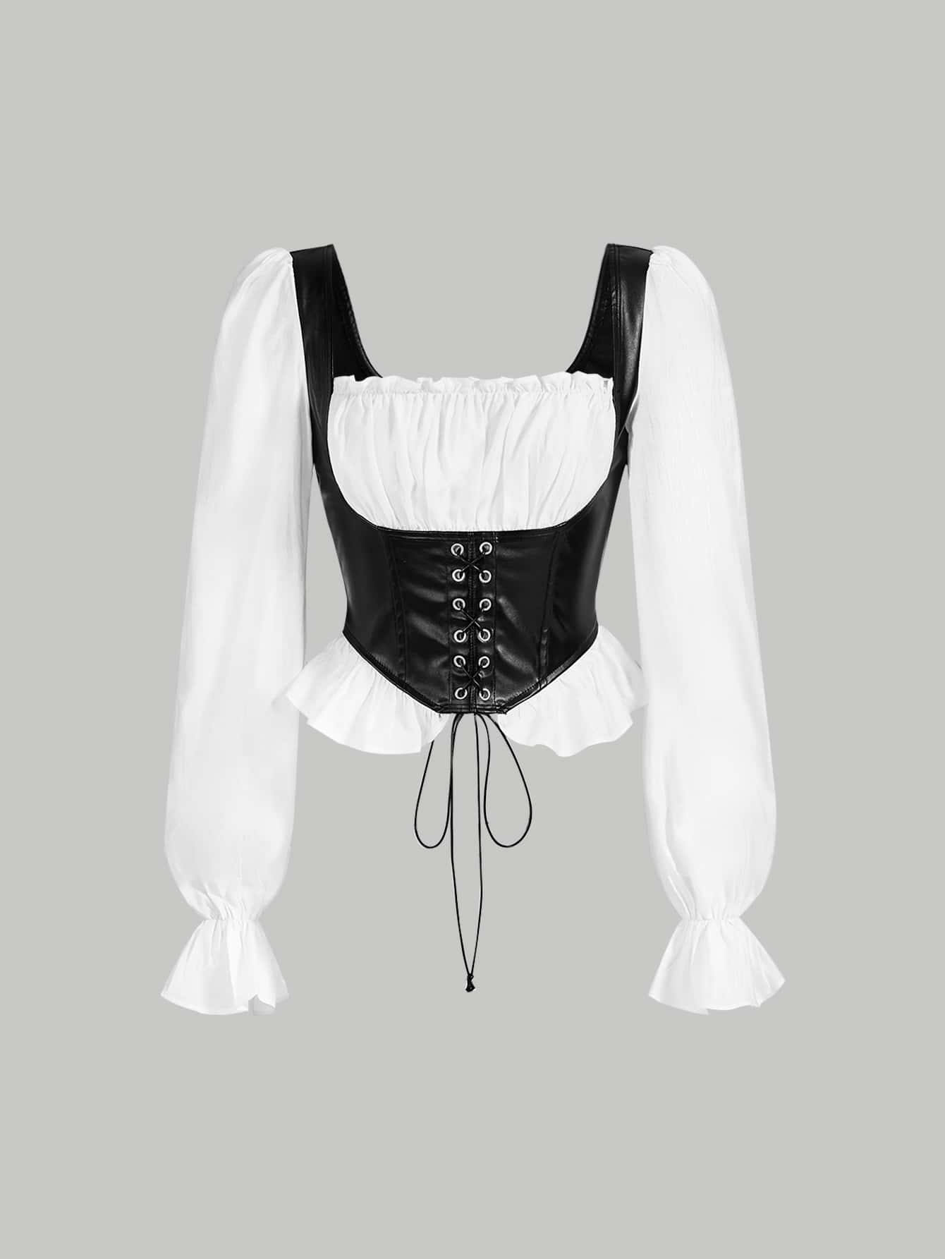 SHEIN MOD 2 trong1 Coa dây Retro Tay áo dài Áo sơ mi - Đen và trắng - Xem 1