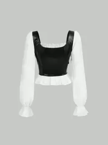 SHEIN MOD 2 trong1 Coa dây Retro Tay áo dài Áo sơ mi - Đen và trắng - Xem 7