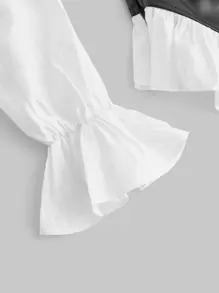 SHEIN MOD 2 trong1 Coa dây Retro Tay áo dài Áo sơ mi - Đen và trắng - Xem 6