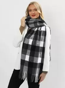 1 chiếc khăn tua rua kẻ caro, khăn choàng thời trang dày và ấm áp cho kỳ nghỉ và mặc hàng ngày mùa đông thu - Đen và trắng - Xem 1