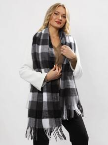 1 chiếc khăn tua rua kẻ caro, khăn choàng thời trang dày và ấm áp cho kỳ nghỉ và mặc hàng ngày mùa đông thu - Đen và trắng - Xem 3