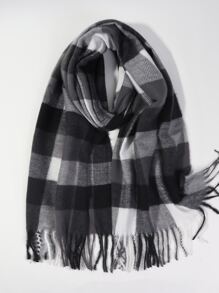 1 chiếc khăn tua rua kẻ caro, khăn choàng thời trang dày và ấm áp cho kỳ nghỉ và mặc hàng ngày mùa đông thu - Đen và trắng - Xem 4
