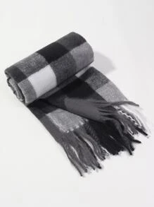 1 chiếc khăn tua rua kẻ caro, khăn choàng thời trang dày và ấm áp cho kỳ nghỉ và mặc hàng ngày mùa đông thu - Đen và trắng - Xem 2