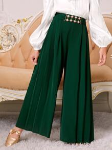 SHEIN Tween Girl Casual Solid Colored Woven High Waisted Wide Leg Pants With Pleated Front And Button Closure , Autumn And Winter - Dark Green - View 1