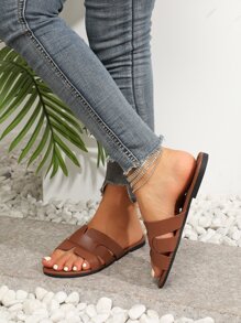 時尚戶外平底拖鞋適用於女士帶素色人造皮革露趾涼拖 - 巧克力棕 - 查看 2