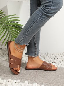 時尚戶外平底拖鞋適用於女士帶素色人造皮革露趾涼拖 - 巧克力棕 - 查看 3