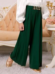 SHEIN Tween Girl Casual Solid Colored Woven High Waisted Wide Leg Pants With Pleated Front And Button Closure , Autumn And Winter - Dark Green - View 3