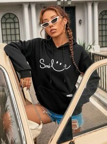 SHEIN EZwear Letter Graphic Kangaroo Pocket Drop Shoulder Drawstring Thermal Hoodie - Black - View 1