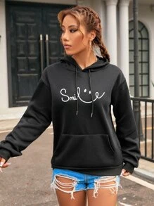 SHEIN EZwear Letter Graphic Kangaroo Pocket Drop Shoulder Drawstring Thermal Hoodie - Black - View 3