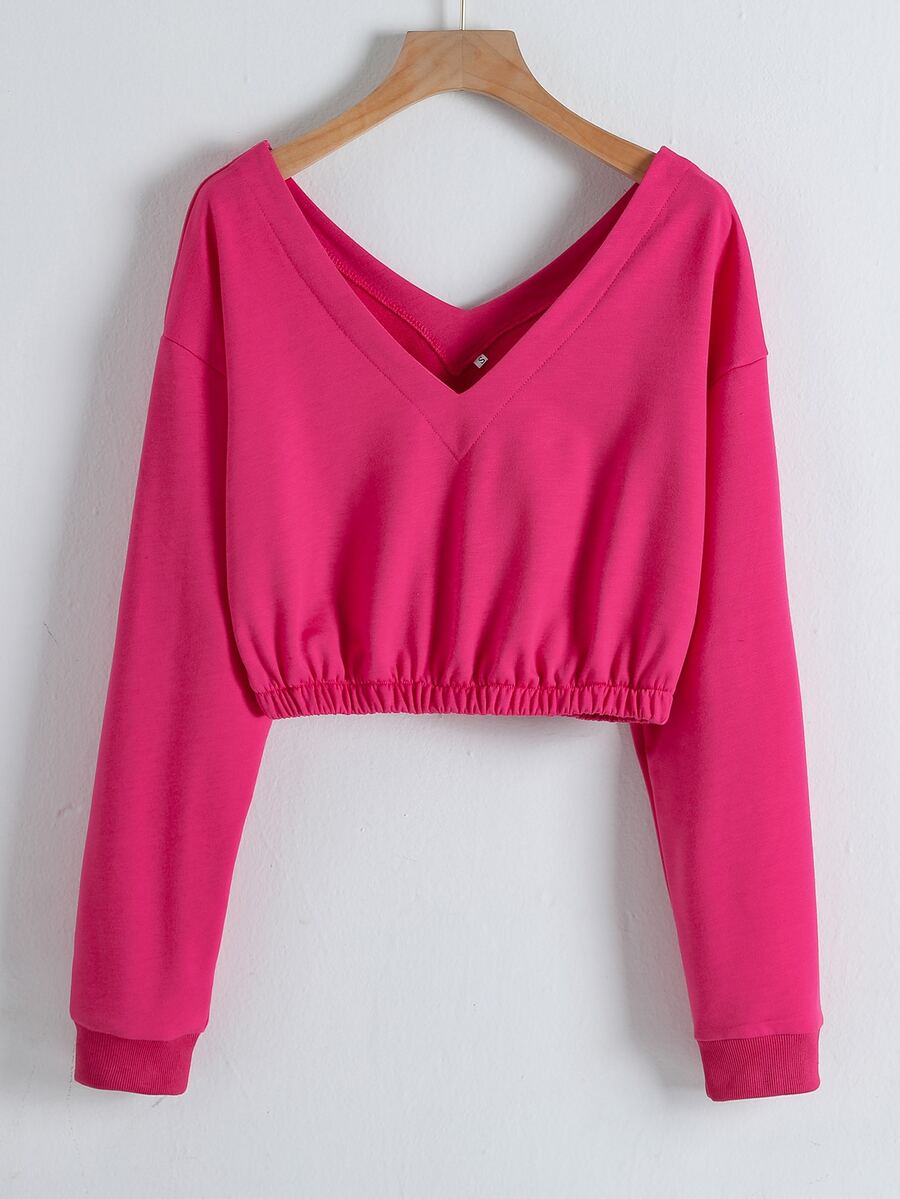 SHEIN EZwear Sudadera unicolor escote V - Rosa Fucsia - Ver 1