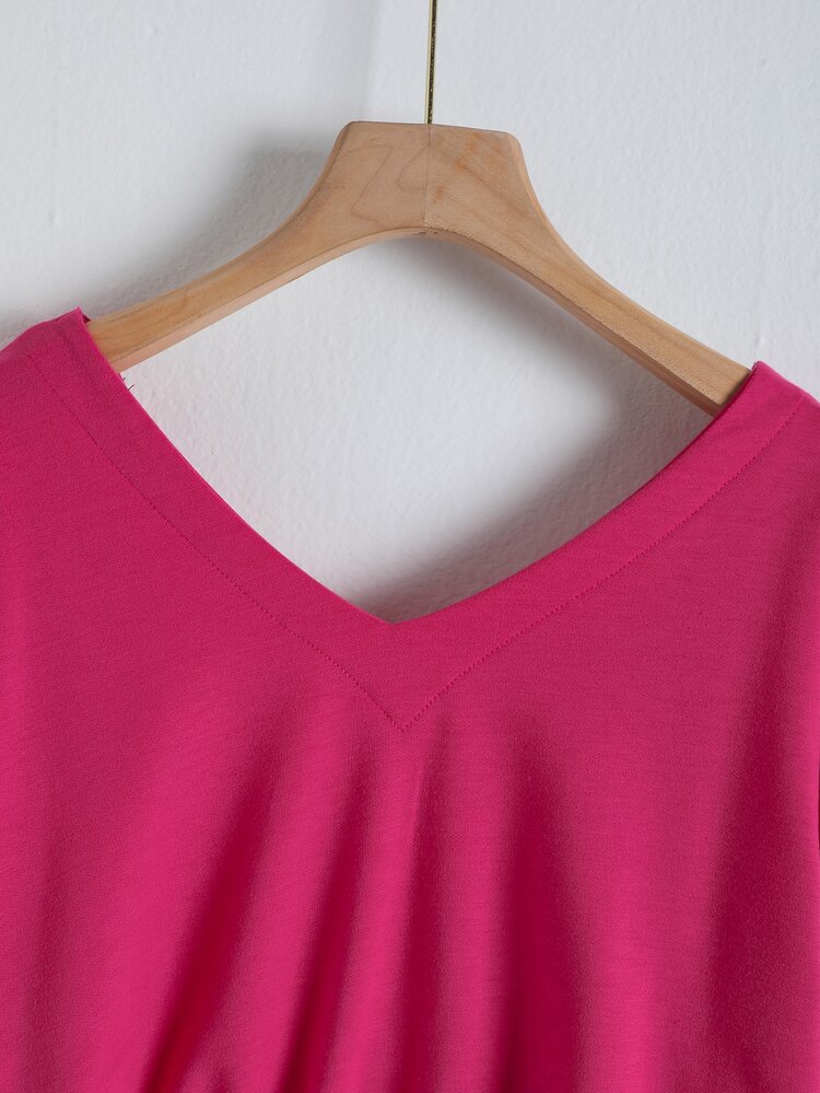 SHEIN EZwear Solid V-Neck Sweatshirt - Hot Pink - View 6