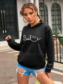 SHEIN EZwear Letter Graphic Kangaroo Pocket Drop Shoulder Drawstring Thermal Hoodie - Black - View 5