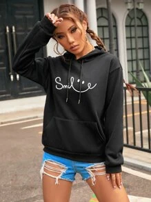 SHEIN EZwear Letter Graphic Kangaroo Pocket Drop Shoulder Drawstring Thermal Hoodie - Black - View 6