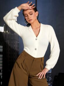 SHEINNeu 條紋針織前紐扣夾克 - 米色 - 查看 1