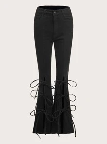 ROMWE Jeans de pierna amplia con cordón delantero - Negro - Ver 1