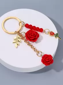 1pc Women'S Charm Beaded Rose Flower Keychain, Japanese Style, Resin Camellia, Alloy Round Buckle, Car Keychain, Bag Decoration, Valentine'S Day, Mother'S Day, Birthday For Friends Valentines Car Accessories Bag Charm School Cute Goth Y2k Christmas Gift Ideas - Red - View 2