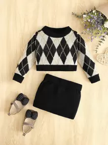 SHEIN Baby Argyle Pattern Jumper & Knit Skirt - Multicolor - View 1
