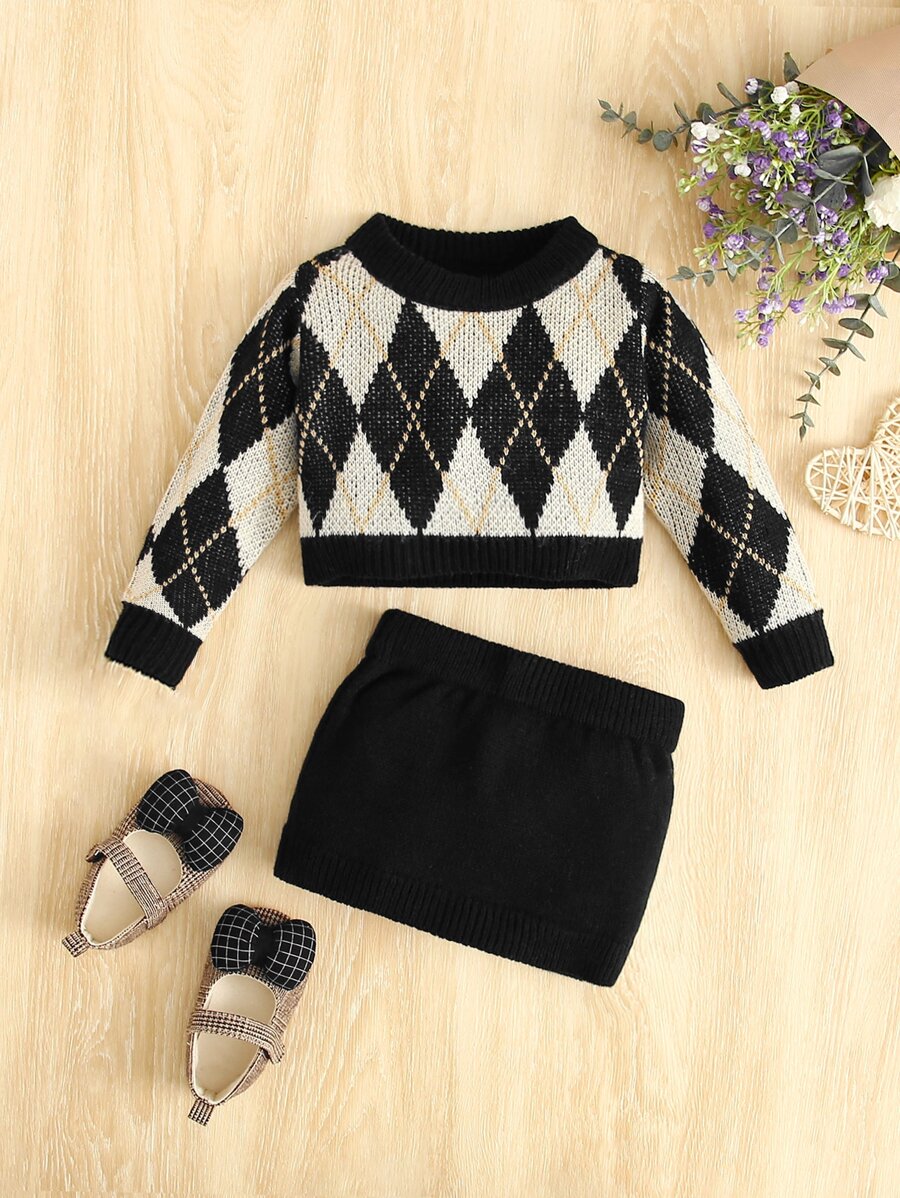 SHEIN Baby Argyle Pattern Jumper & Knit Skirt - Multicolor - View 1