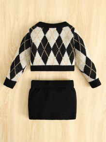 SHEIN Baby Argyle Pattern Jumper & Knit Skirt - Multicolor - View 2