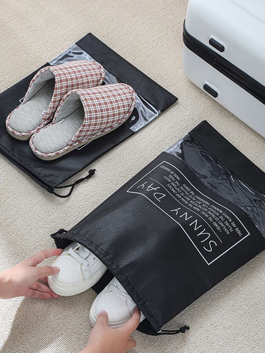 1pc Slogan Graphic Shoe Travel Storage Bag - Black - View 1
