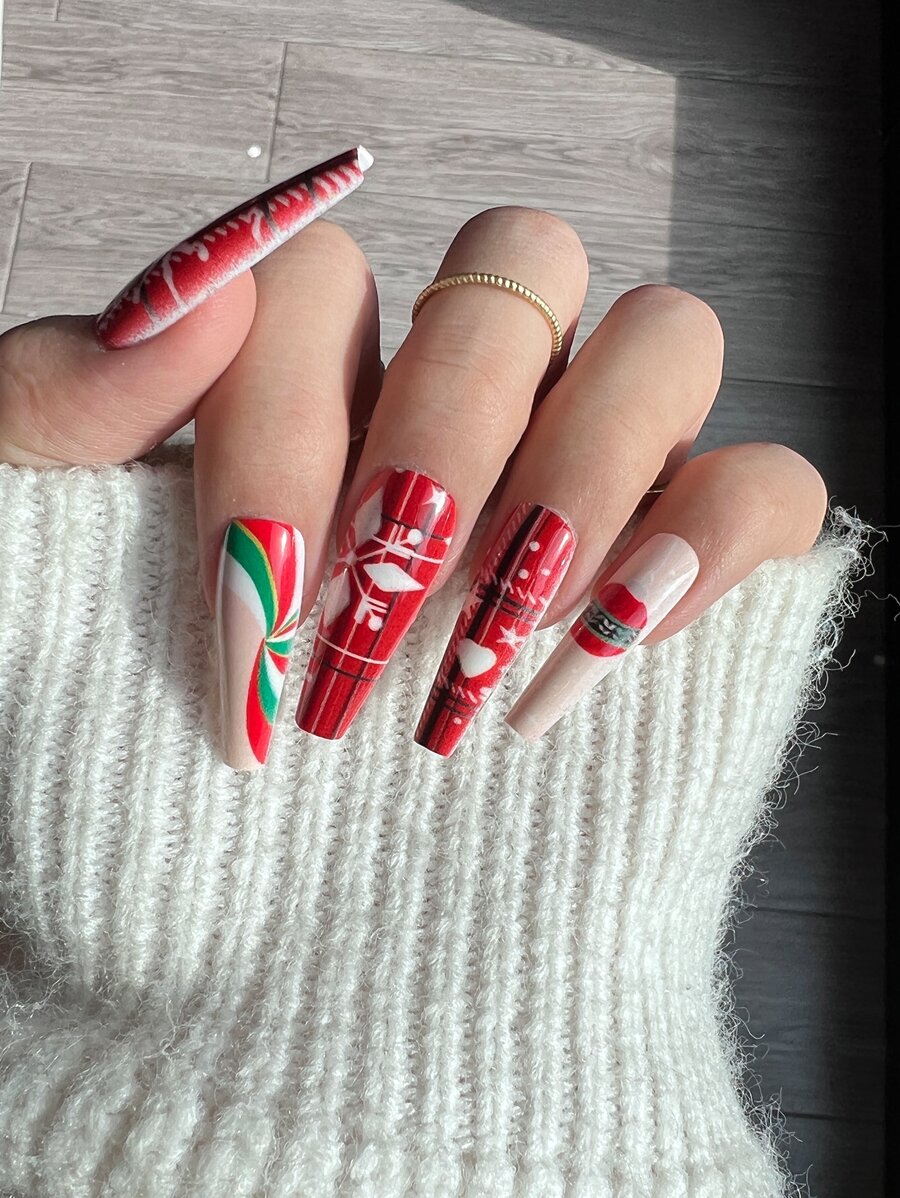 Christmas 24pcs Long Coffin Santa Claus Pattern Fake Nail & 1pc Nail File & 1sheet Nail Tape