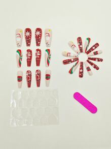 Christmas 24pcs Long Coffin Santa Claus Pattern Fake Nail & 1pc Nail File & 1sheet Nail Tape