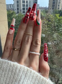 Christmas 24pcs Long Coffin Santa Claus Pattern Fake Nail & 1pc Nail File & 1sheet Nail Tape