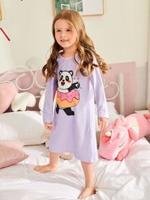 女孩卡通圖案撞色滾邊睡裙 - 紫色 - 查看 5