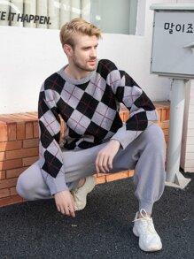 Manfinity Men Argyle Pattern Drop Shoulder Jumper & Slant Pocket Knit Trousers - Multicolor - View 3