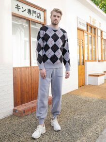 Manfinity Men Argyle Pattern Drop Shoulder Jumper & Slant Pocket Knit Trousers - Multicolor - View 1
