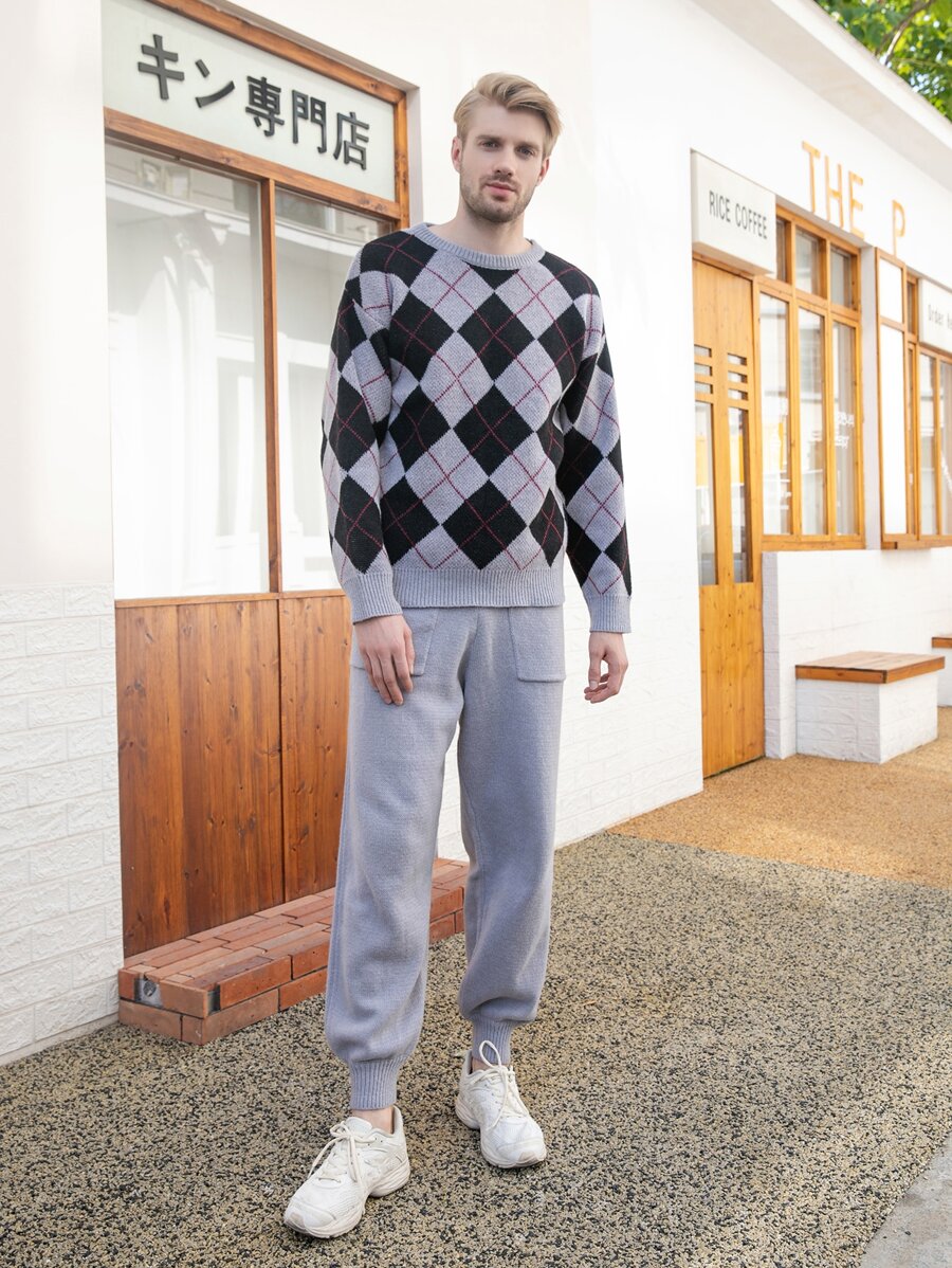 Manfinity Men Argyle Pattern Drop Shoulder Jumper & Slant Pocket Knit Trousers - Multicolor - View 1