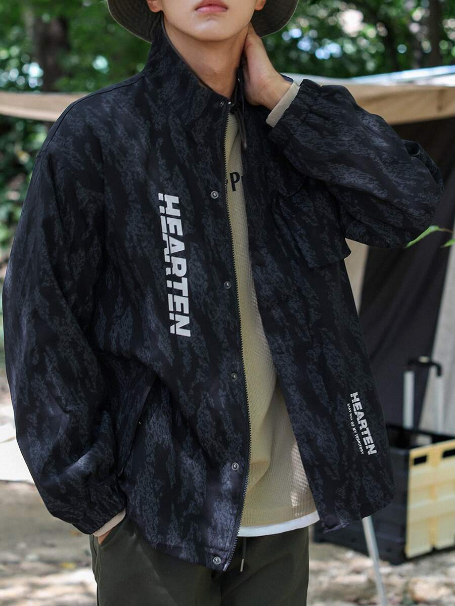 DAZY Men Letter Graphic Coat - Black - View 1