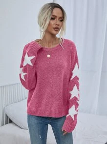 EMERY ROSE Áo len tay dài họa tiết ngôi sao, kiểu dáng vai rớt, thích hợp cho mùa thu đông. - Màu Hồng Tươi - Xem 3