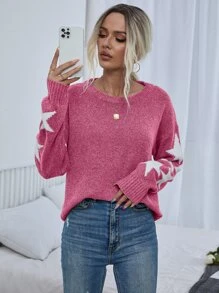 EMERY ROSE Áo len tay dài họa tiết ngôi sao, kiểu dáng vai rớt, thích hợp cho mùa thu đông. - Màu Hồng Tươi - Xem 5