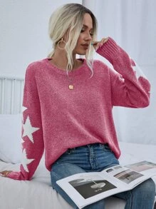 EMERY ROSE Áo len tay dài họa tiết ngôi sao, kiểu dáng vai rớt, thích hợp cho mùa thu đông. - Màu Hồng Tươi - Xem 6