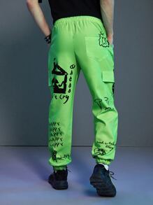 ROMWE MEN Cyber Life Hombres Pantalones cargo con estampado de dibujos animados con bolsillo con solapa - Verde - Ver 2