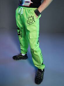 ROMWE MEN Cyber Life Hombres Pantalones cargo con estampado de dibujos animados con bolsillo con solapa - Verde - Ver 4