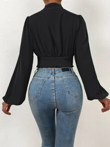 SHEIN Privé Áo sơ mi nữ Dải chun Nút phía trước màu trơn Thanh lịch - màu đen - Xem 2