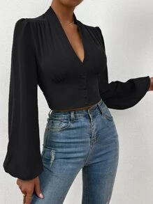SHEIN Privé Áo sơ mi nữ Dải chun Nút phía trước màu trơn Thanh lịch - màu đen - Xem 3