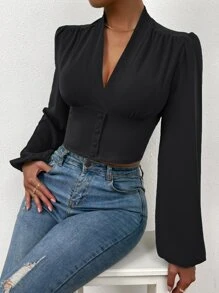 SHEIN Privé Áo sơ mi nữ Dải chun Nút phía trước màu trơn Thanh lịch - màu đen - Xem 4