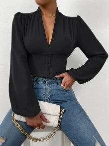 SHEIN Privé Áo sơ mi nữ Dải chun Nút phía trước màu trơn Thanh lịch - màu đen - Xem 6