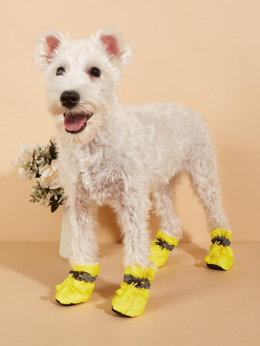 1 套 4 双带反光条的保暖宠物鞋，适用于宠物秋冬季保暖和清洁 - 黃色 - 查看 1
