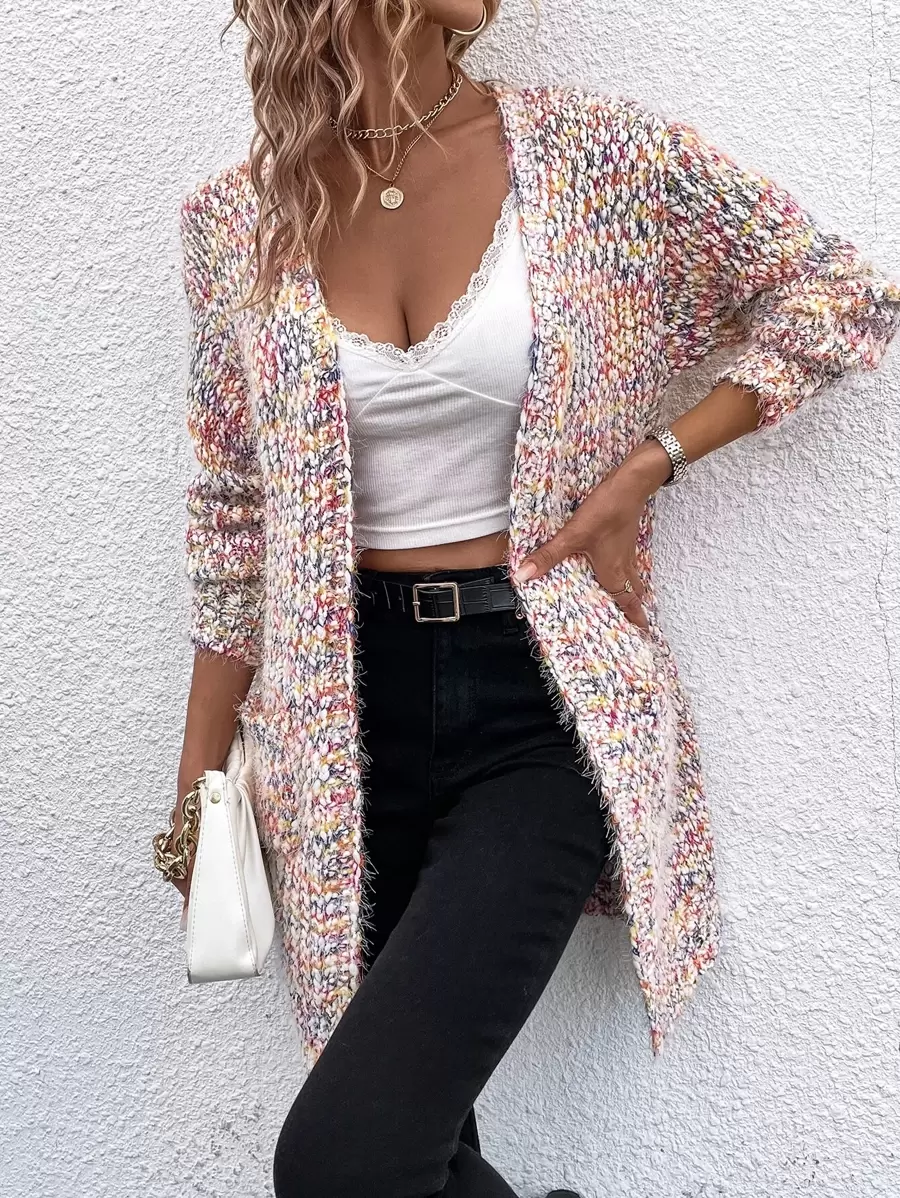 SHEIN LUNE Melierter gestrickter Lässig Design Cardigan, Langarm Oberteil