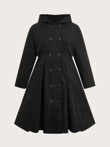 SHEIN LUNE Plus Solid Double Breasted Pleated Detail Hooded Coat - Black - View 1